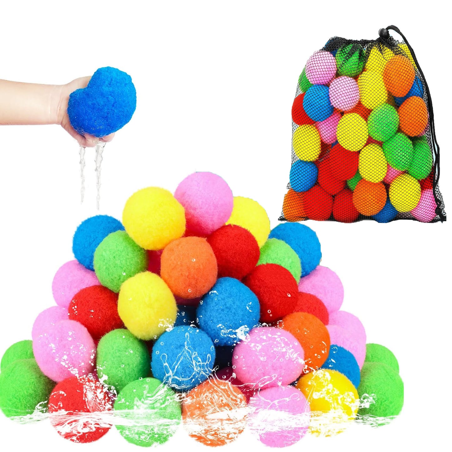 60 PCS Reusable Water Balls, Soft Cotton Splash Balls with Mesh Bag for Outdoor Water Fights