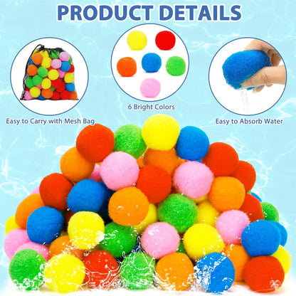 60 PCS Reusable Water Balls, Soft Cotton Splash Balls with Mesh Bag for Outdoor Water Fights