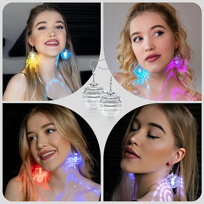 Disco Ball Earrings 16 Light Modes Rechargeable Light up Earrings LED Earrings Ball for Women Disco Party Dance Accessories