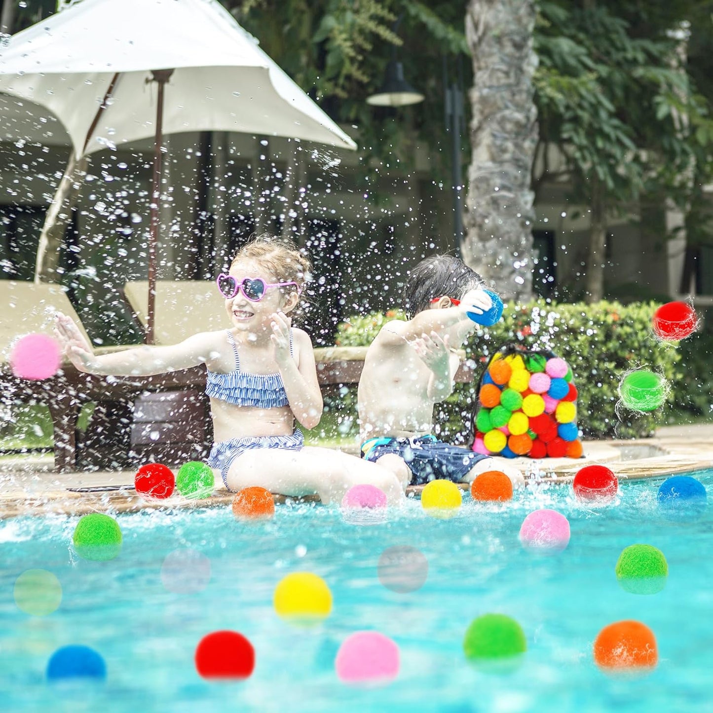 60 PCS Reusable Water Balls, Soft Cotton Splash Balls with Mesh Bag for Outdoor Water Fights